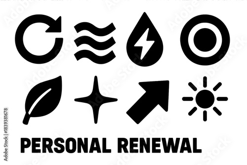 Personal Renewal Icons. Personal Renewal silhouette set: fresh-start symbol, restorative breath wave, energy refill droplet, mindful reset dot, gentle rejuvenation leaf, clarity