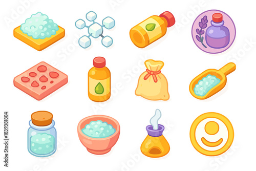 Colorful Bath Essentials Icons. Bath Salts and Oils flat isometric set: Epsom salt tile, sea salt node, essential oil bar, lavender oil ring, rose petal patch, carrier oil stripe,
