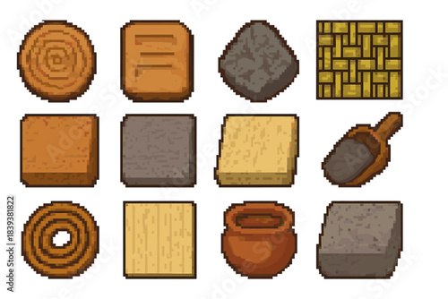 Organic Icons Collection. Organic Material Applications pixel style set: hardwood slice, clay tablet, granite chip, bamboo knit strip, cork block, wool felt square, hemp-fiber