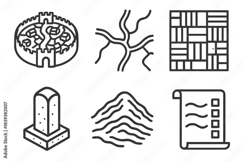 Fototapeta premium Historic Map Icons. Historic Layout Elements linear set: walled town sketch, road trace, field plot grid, boundary marker, terrain hill, map legend icon.