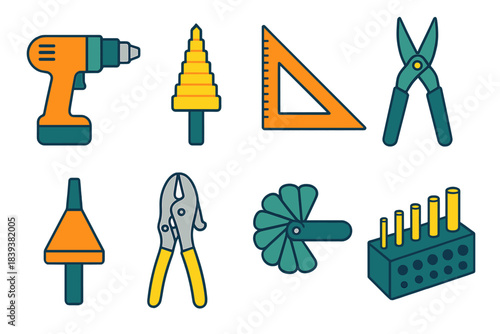 Modern Industrial Tool Icons. Industrial metalwork kit flat set: power drill, step bit, angle square, metal shear, deburring cone, clamp pliers, thickness gauge, punch block.