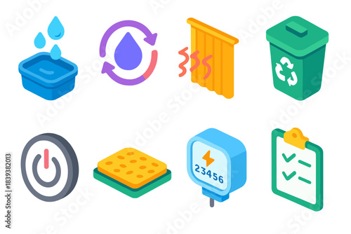 Sustainable Icons Collection. Conservation method set isometric flat set: rain catch tray, greywater reuse icon, thermal curtain, recycling bin, power-off switch, mulching layer,