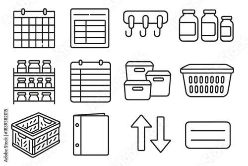 Household Organization Icons. Household Organization Essentials linear set: calendar board, chore chart, command hooks, pantry jars, spice rack, meal planner, fridge bins, laundry