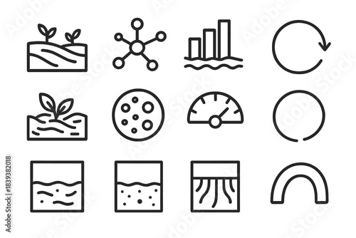 Regenerative Farming Icons. Soil-First Crop Cycles linear set: rest-field tile, nutrient pulse node, biomass rise bar, compost-return ring, mulch cover patch, organic matter dot,