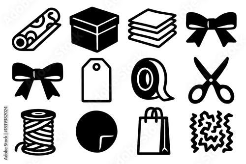 Bold Packaging Icons. Packaging & Wrap Supplies silhouette set: festive wrap roll, rigid box, tissue stack, fabric ribbon, looped bow, note tag, stick-on tape, precision scissors,