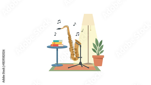 Saxophone practice set in inviting studio space with music notes, books, and plant providing an inspirational and comfortable setting for learning music