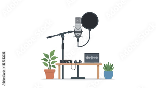 Modern podcast studio setup with microphone, laptop and plants for creative content creators and audio recording in a minimalist style
