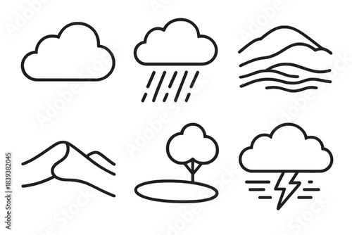 Weather Icon Set. Environmental Atmosphere Set linear set: cloud drift, rainfall line, misty hill, warm dune, cool shade patch, storm front icon.