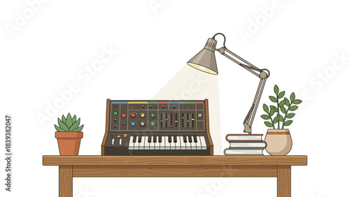 Crafting unique soundscapes with a synthesizer on a wooden desk, illuminated by a lamp, creating a modern, creative workspace vibe for musicians