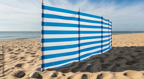 A striped, blue and white windbreak stands on a sandy beach. Calm ocean and a blue sky with soft clouds are in the background