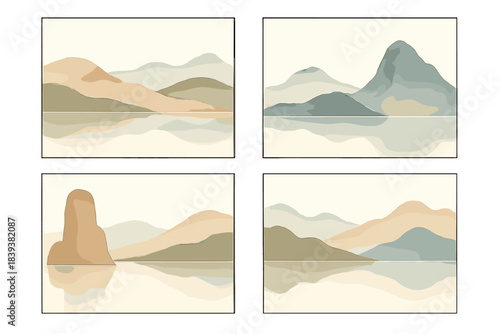 Four minimalist watercolor style mountain landscape panels with water reflection