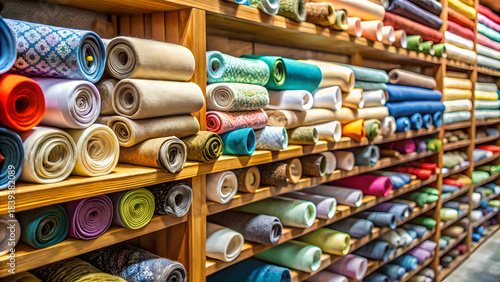 Colorful fabric rolls on shelf in textile shop, stock photo image