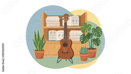 Create a relaxing home musical vibe with ukulele, plants, and music notes. Perfect for music lessons, home decor, and a creative atmosphere.