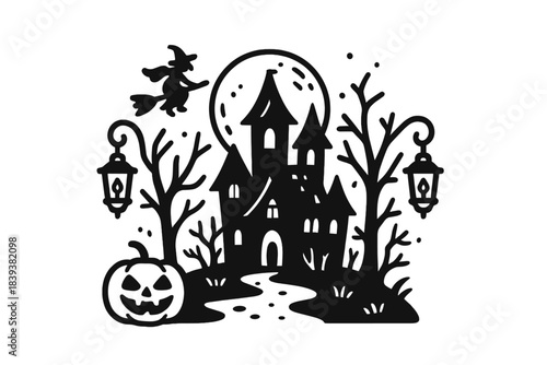 Haunted castle silhouette with flying witch and glowing full moon