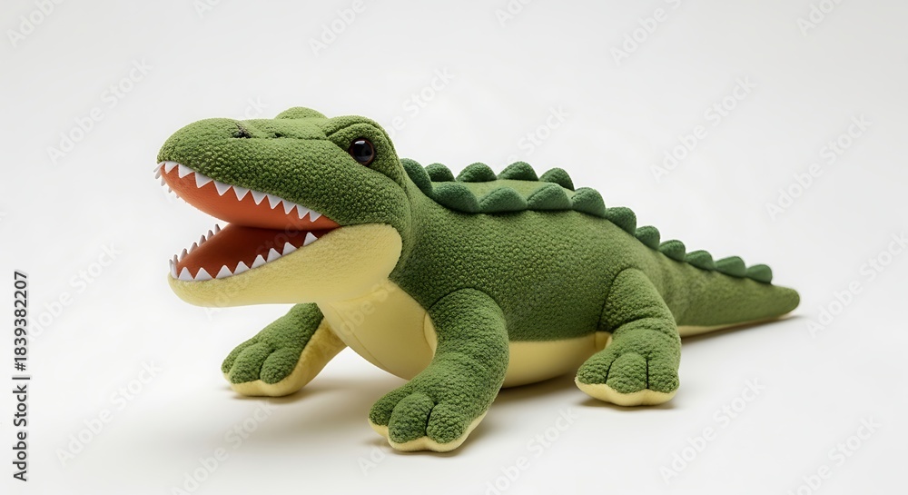 Fototapeta premium A stuffed alligator, green with a textured body and open orange-lined mouth, rests against a white backdrop