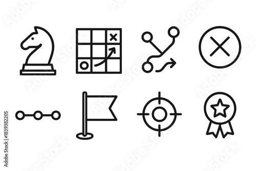 Chess Strategy Icons. General Strategy linear set: chess piece, plan grid, strategic arrow, decision path, priority marker, timeline nodes, focus flag, outcome icon.