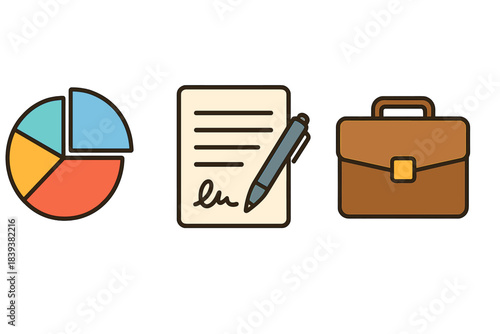 Set of business finance icons including pie chart contract and briefcase