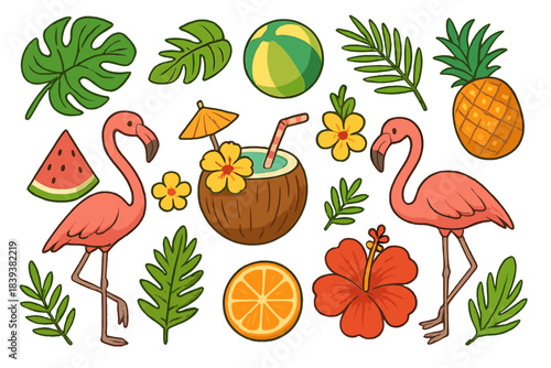 Vibrant tropical summer vacation elements featuring flamingos and exotic fruit
