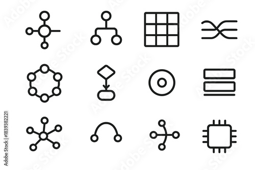 Network Structure Icons. Network Structure Toolkit linear set: central node token, branching link arrow, data mesh tile, connected grid ring, relay point emblem, flow strand line,