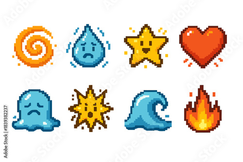 Expressive Emotion Icons. Expressive Motion Emotions pixel style set: swirling joy burst, trembling worry drop, bouncing excitement star, melting sadness blob, pulsing love heart,