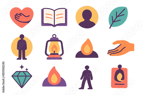 Icons of Self-Acceptance. Self-Acceptance flat set: heart embrace, open journal, warm aura, reflective leaf, inner glow, soft lantern, calm curve, supportive hand, clarity diamond,
