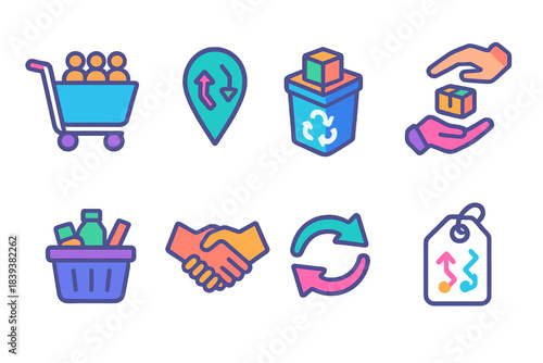 Vibrant Exchange Icons. Resource Exchange Set isometric flat set: community cart, swap marker, shared items bin, give-receive icon, supply basket, cooperative hand sign, exchange