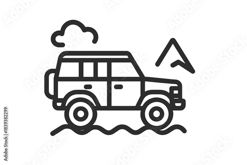 Off road vehicle driving through water with mountain navigation symbol
