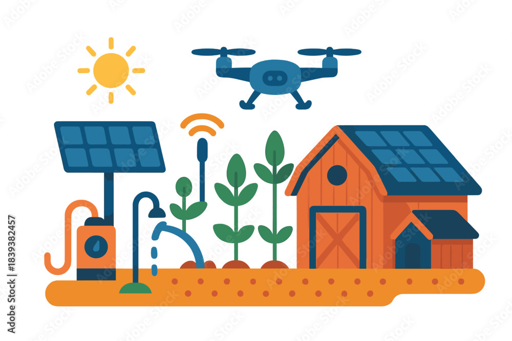 Naklejka premium Smart farming technology with drone monitoring and solar powered irrigation