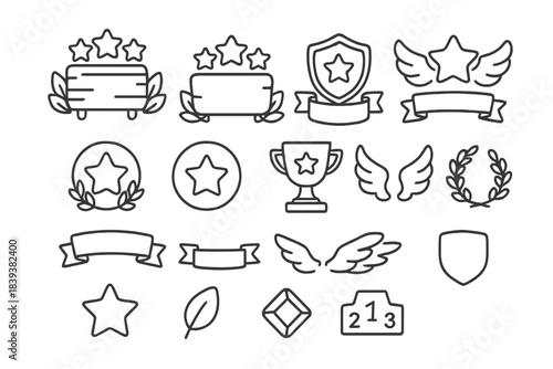 Set of outline achievement and award icons with stars, trophies, and ribbons