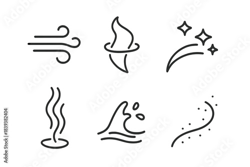 Basic natural element icons for wind fire water steam and sparkle effects