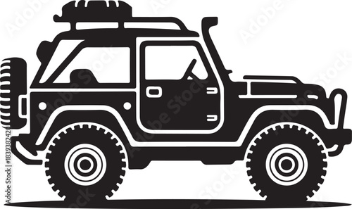 Black and white silhouette of an off-road jeep with a roof rack and spare tire vehicle