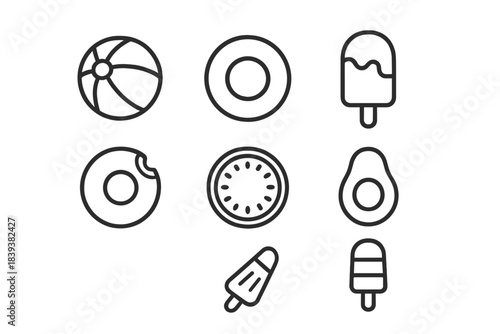 Simple outline icons representing summer food and beach vacation objects