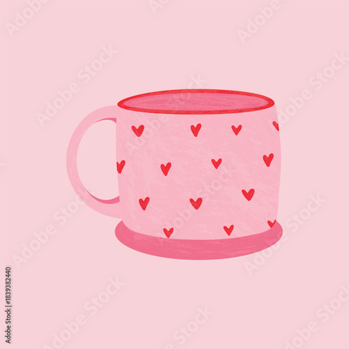 Cute pink mug with small red hearts. Cozy romantic illustration for Valentine’s Day, cards, stickers, and sweet decorative designs.
