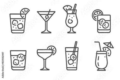 Eight outline icons for various cocktails and alcoholic beverages