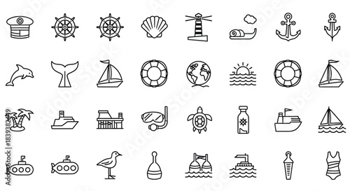 Nautical and marine line icons ship, boat, anchor, lighthouse, dolphin, whale, lifebuoy, turtle, seagull, submarine, buoy isolated on