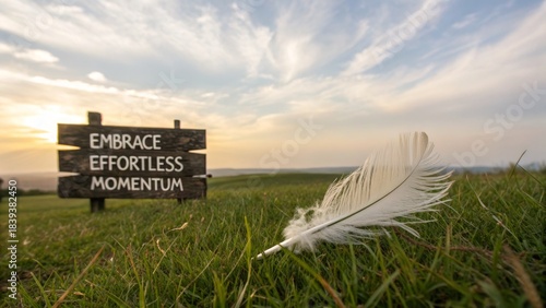 Feather on grass with sign in the field at sunset