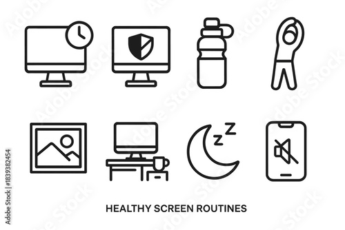 Healthy Screen Habits Icons. Healthy Screen Routines linear set: break reminder, blue-light filter icon, hydration bottle, stretch pose, calm background, tidy workspace, sleep cue