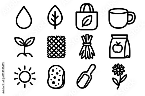 Sustainable Living Icons. Eco-Harmonious Lifestyle Set linear set: water droplet, forest leaf, sustainable tote, clay mug, seedling sprout, woven mat, herbal bundle, compost bag,