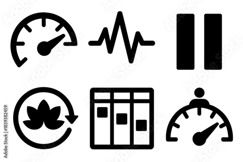 Workplace Energy Icons. Workplace Energy Awareness silhouette set: energy level dial, productivity rhythm line, pause symbol, mindful reset icon, balanced task board, capacity