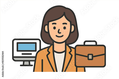 Smiling professional woman with computer monitor and leather briefcase icon