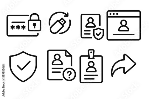 Identity Restoration Icons. Identity restoration icons linear set: reset code card, backup access key, verification page, credential binder, security symbol, help request note,