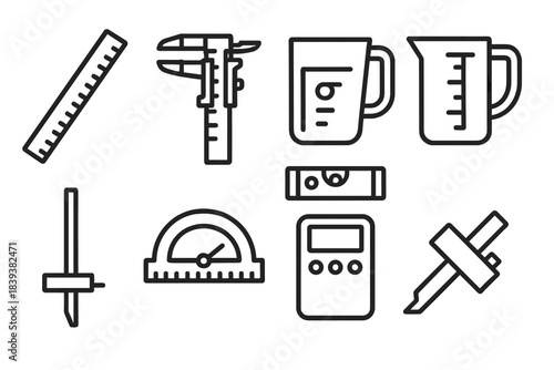 Precision Tools Icons. General measuring equipment linear set: yardstick, sliding caliper, spirit level, measuring jug, depth gauge, angle protractor, pocket scale, marking gauge.