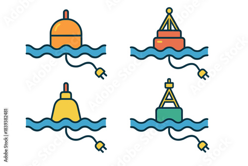Four distinct electric power buoys floating on water waves
