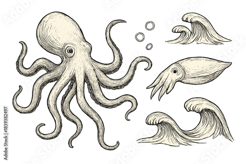 Vintage style octopus squid and detailed ocean waves graphic