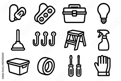 Home Essentials Icons. Home Utility Essentials Set linear set: extension cord, power strip, toolbox, light bulb, plunger, wall hooks, step stool, cleaning spray, storage bin, duct