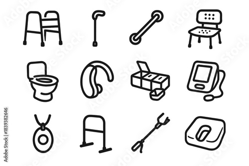 Elderly Care Icons. Elderly Assistance Devices linear set: mobility walker, adjustable cane, grab bar, shower chair, raised toilet seat, hearing aid, pill organizer, blood pressure