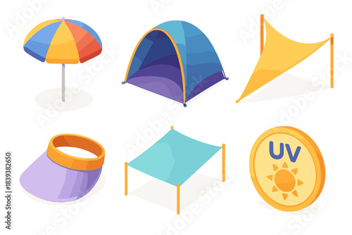 Outdoor Sun Protection Icons. Outdoor Sun Protection Set flat isometric set: beach umbrella, portable shade tent, sun sail, collapsible visor, lightweight tarp, UV shield badge.