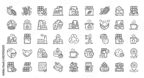 Collection of chocolate production process icons isolated on, including cocoa beans, factory, and various chocolate products for food industry