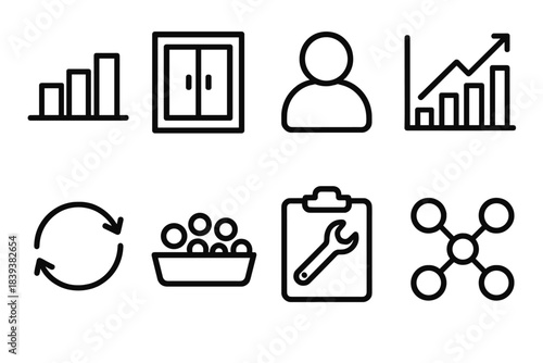 Resource Control Icons. Resource Control Elements linear set: stock level bar, equipment locker, assignment token, utilization chart, maintenance cycle loop, parts tray, tool