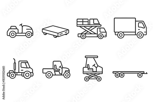 Industrial Vehicle Icons. Industrial logistics vehicles set linear set: warehouse tug, pallet shuttle, cargo loader, box truck, yard tractor, utility buggy, lift cart, platform
